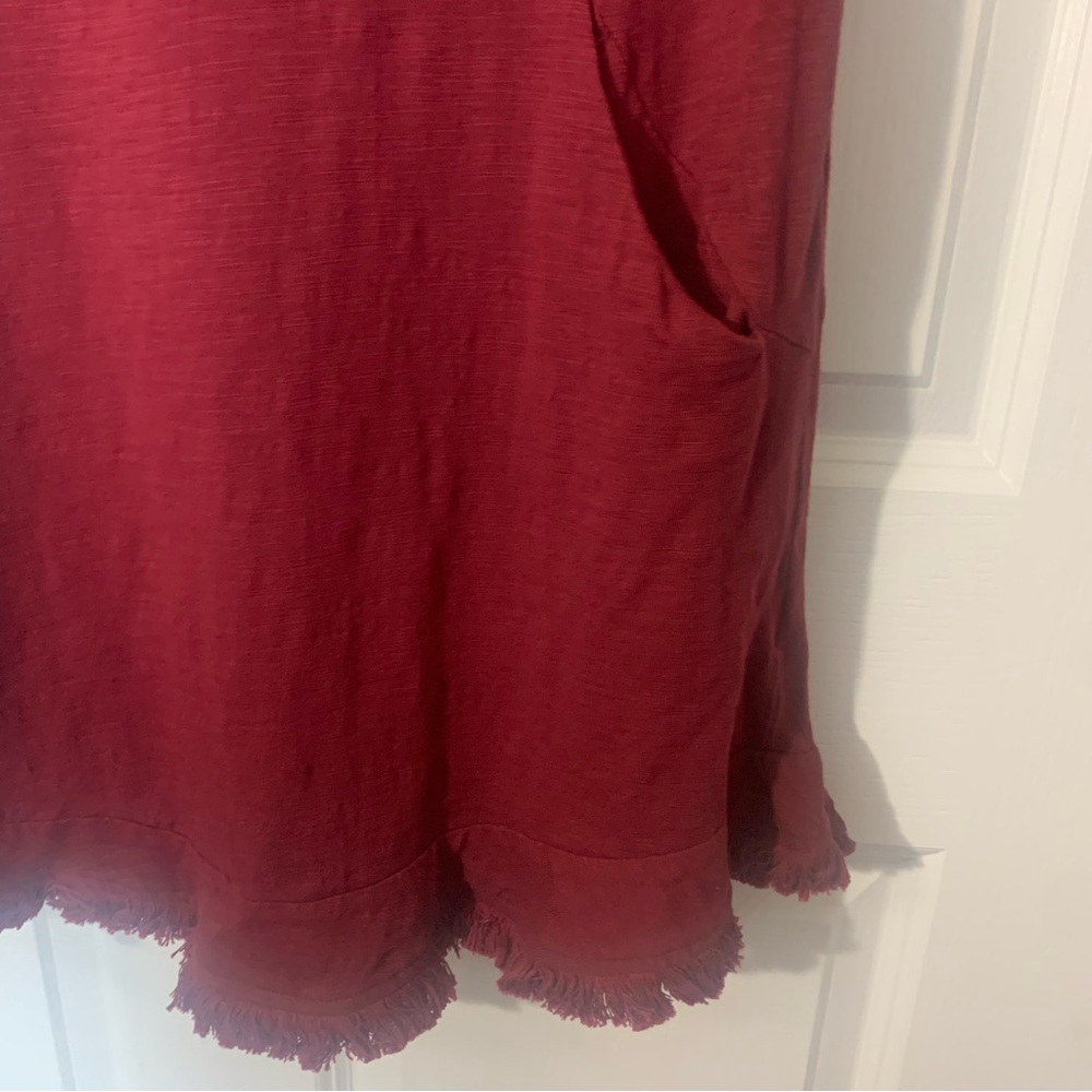 NWT Umgee Burgundy Cotton Swing Dress Raw Hem Ruffle Sleeve Pockets M Medium - Picture 8 of 8